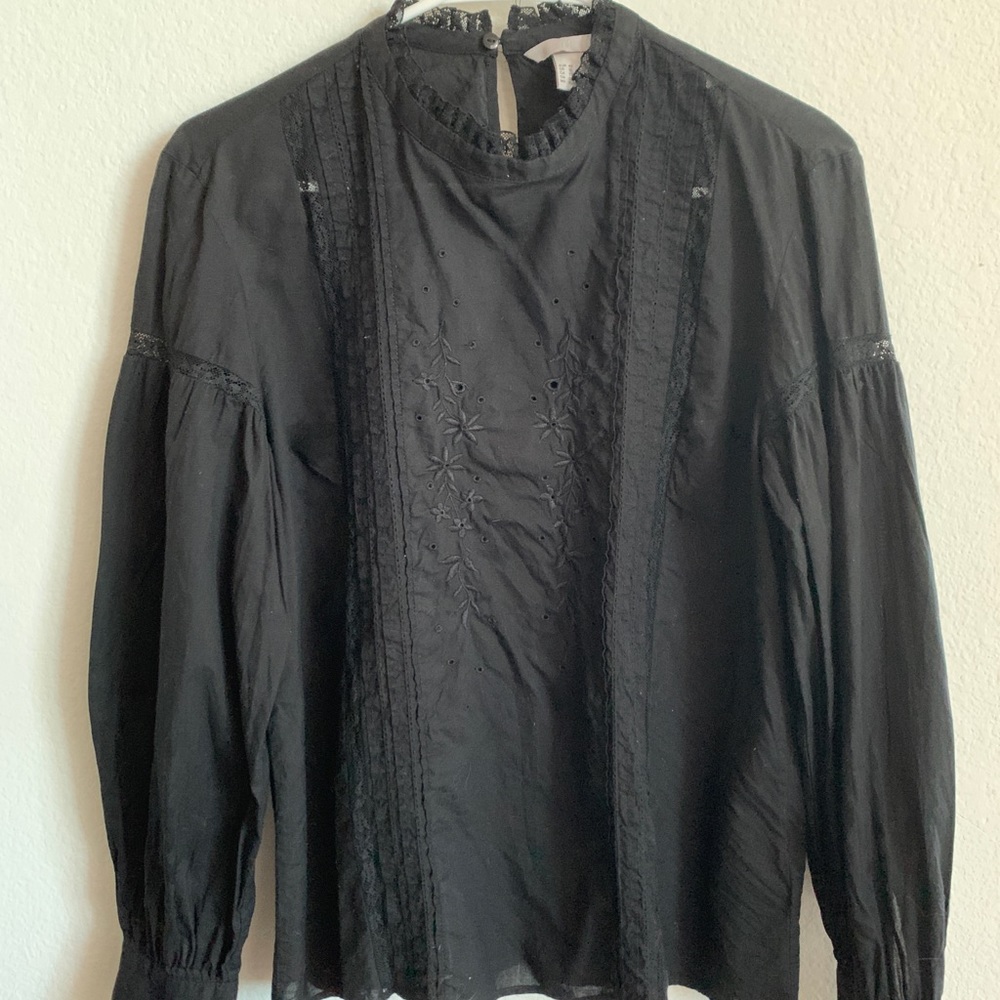 Black Embroidered Cotton Blouse High Neck